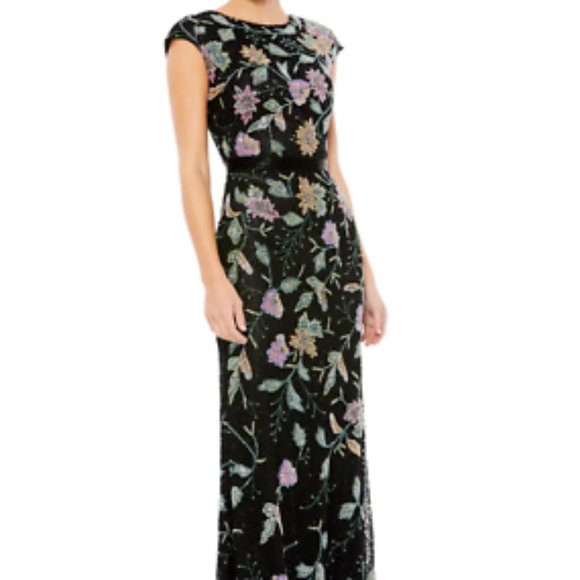 MAC DUGGAL FLORAL BEADED TULLE COLUMN GOWN BLACK MULTI DRESS sz 2 - Picture 1 of 6
